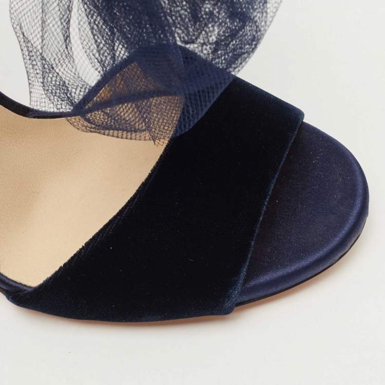 Pre Owned Jimmy Choo Navy Blue/Grey Velvet and Leather Lilyth Bow Ankle Strap Sandals Size 37.5
