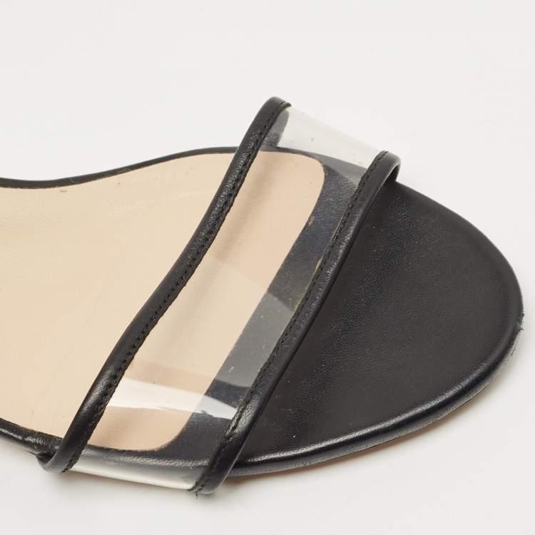 Pre Owned Jimmy Choo Black Leather and PVC Block Heel Ankle Strap Sandals Size 39
