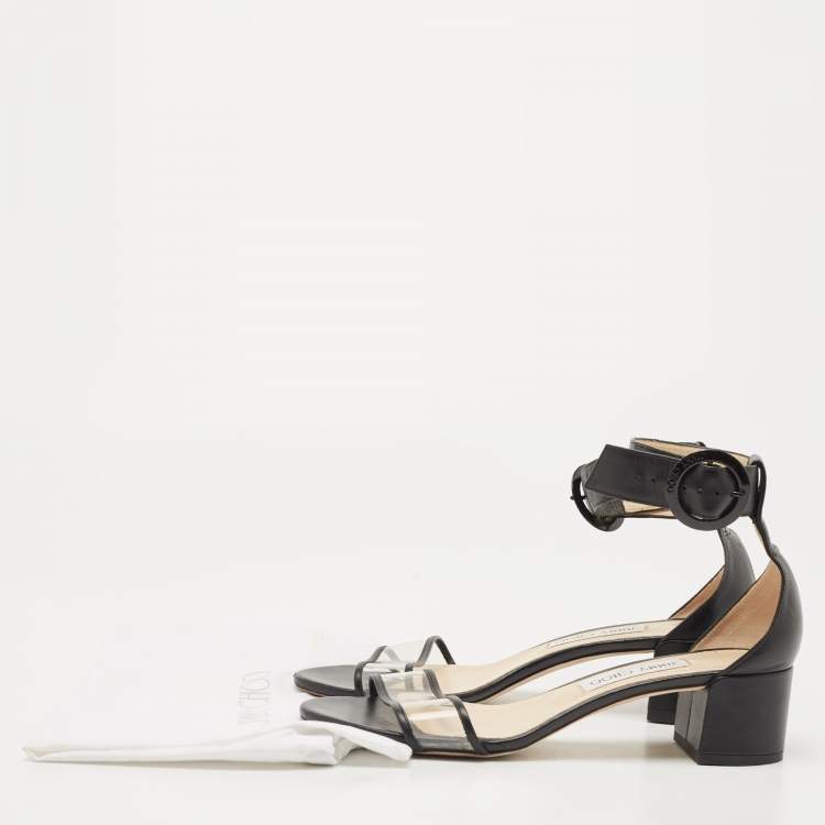 Pre Owned Jimmy Choo Black Leather and PVC Block Heel Ankle Strap Sandals Size 39