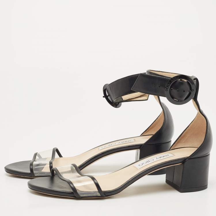 Pre Owned Jimmy Choo Black Leather and PVC Block Heel Ankle Strap Sandals Size 39