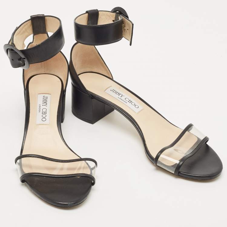 Pre Owned Jimmy Choo Black Leather and PVC Block Heel Ankle Strap Sandals Size 39