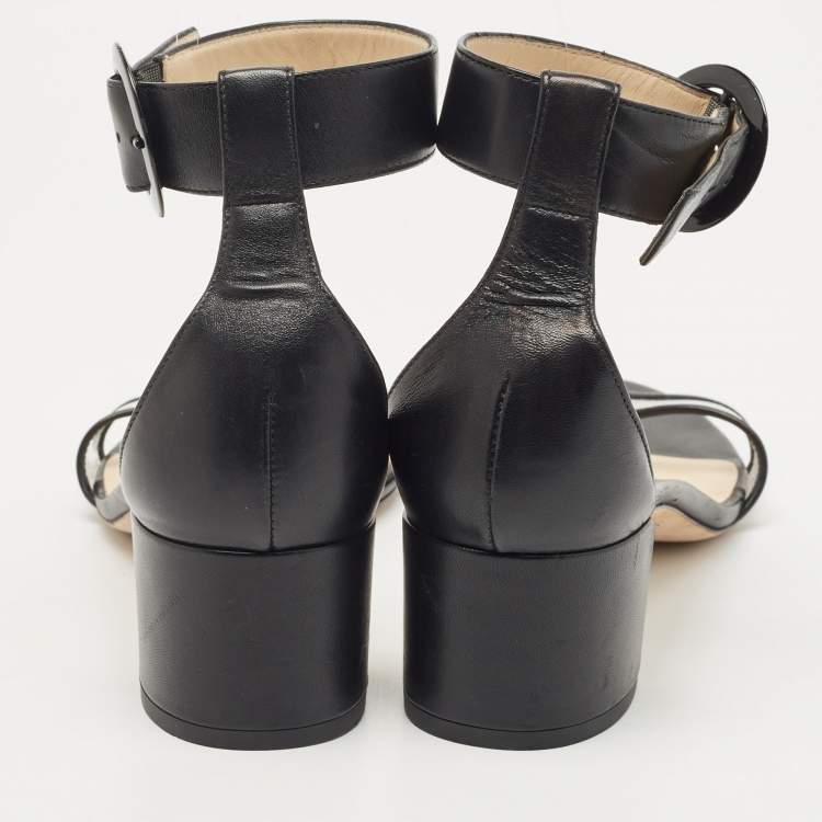 Pre Owned Jimmy Choo Black Leather and PVC Block Heel Ankle Strap Sandals Size 39