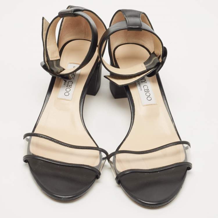 Pre Owned Jimmy Choo Black Leather and PVC Block Heel Ankle Strap Sandals Size 39