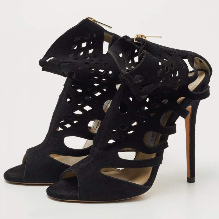 Pre Owned Jimmy Choo Black Leather Suede Cut Out Ankle Booties Size 37