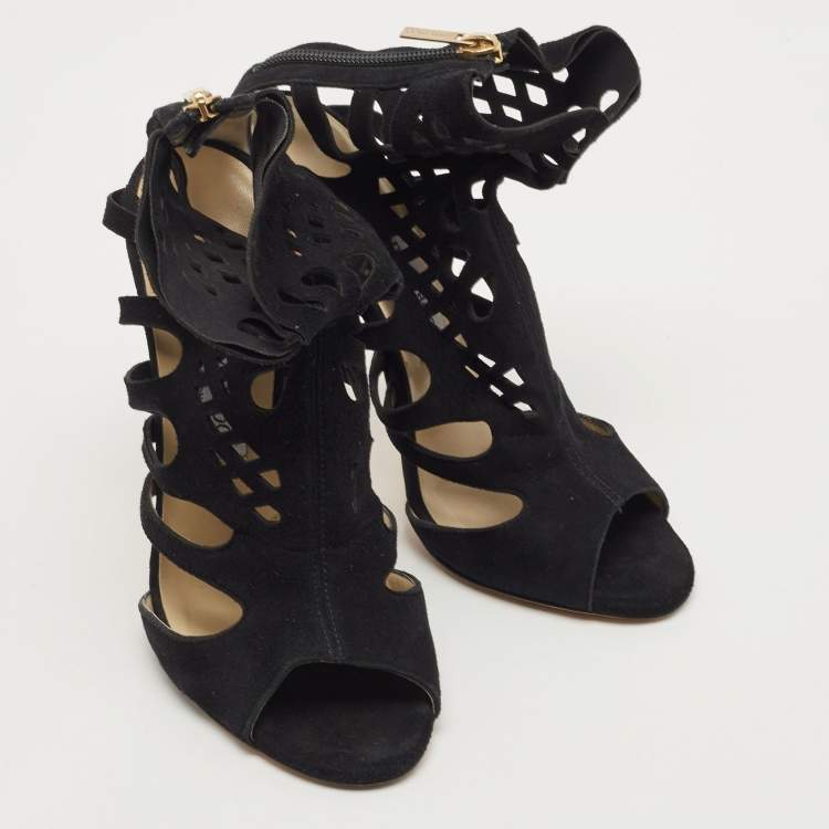 Pre Owned Jimmy Choo Black Leather Suede Cut Out Ankle Booties Size 37