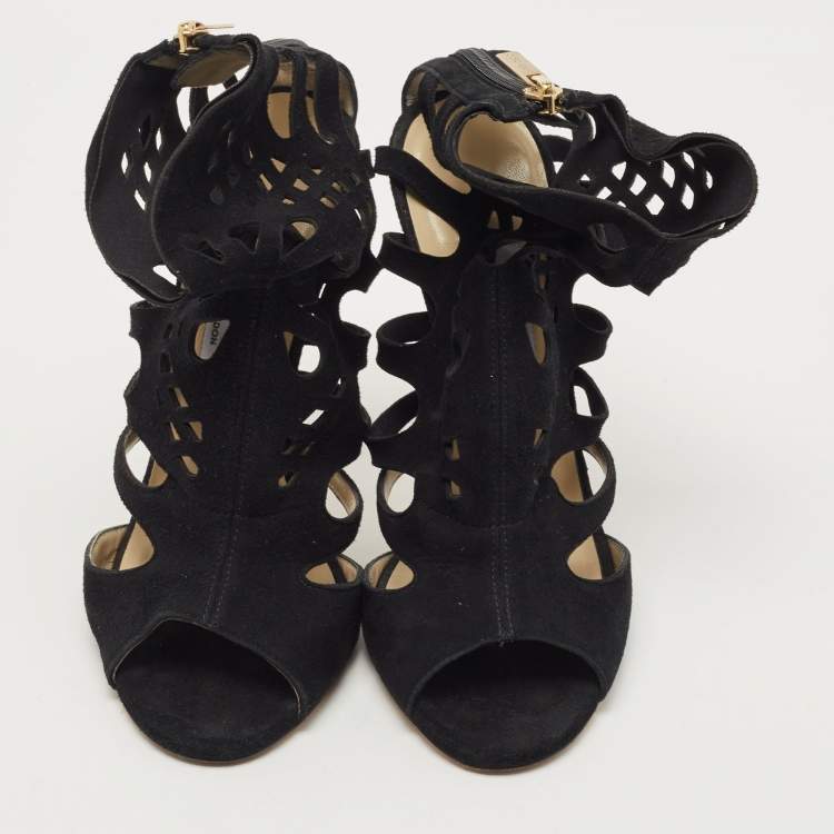 Pre Owned Jimmy Choo Black Leather Suede Cut Out Ankle Booties Size 37