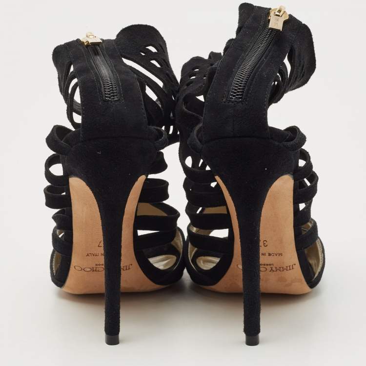 Pre Owned Jimmy Choo Black Leather Suede Cut Out Ankle Booties Size 37