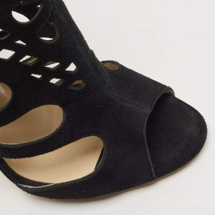 Pre Owned Jimmy Choo Black Leather Suede Cut Out Ankle Booties Size 37