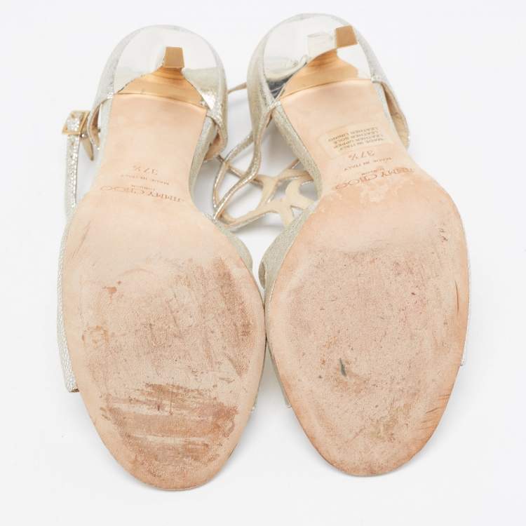 Pre Owned Jimmy Choo Silver Foil Leather Lang Strappy Sandals Size 37.5