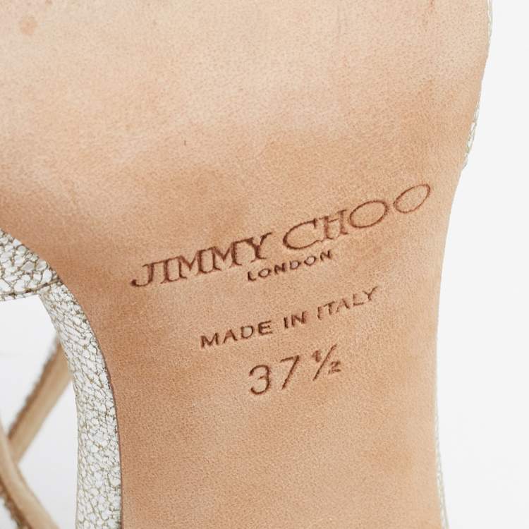 Pre Owned Jimmy Choo Silver Foil Leather Lang Strappy Sandals Size 37.5