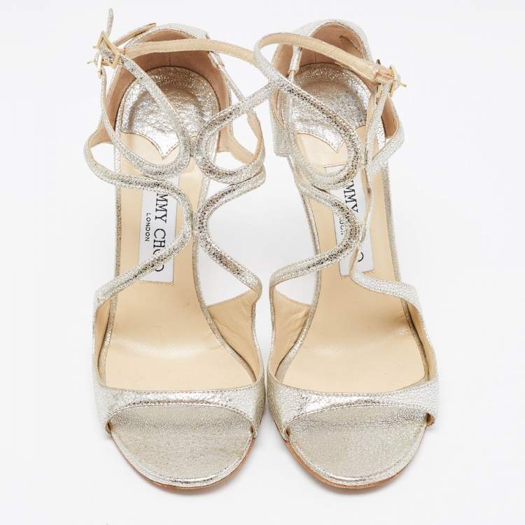Pre Owned Jimmy Choo Silver Foil Leather Lang Strappy Sandals Size 37.5