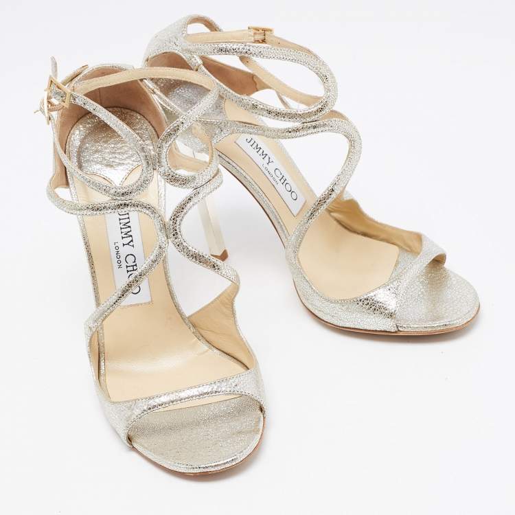 Pre Owned Jimmy Choo Silver Foil Leather Lang Strappy Sandals Size 37.5