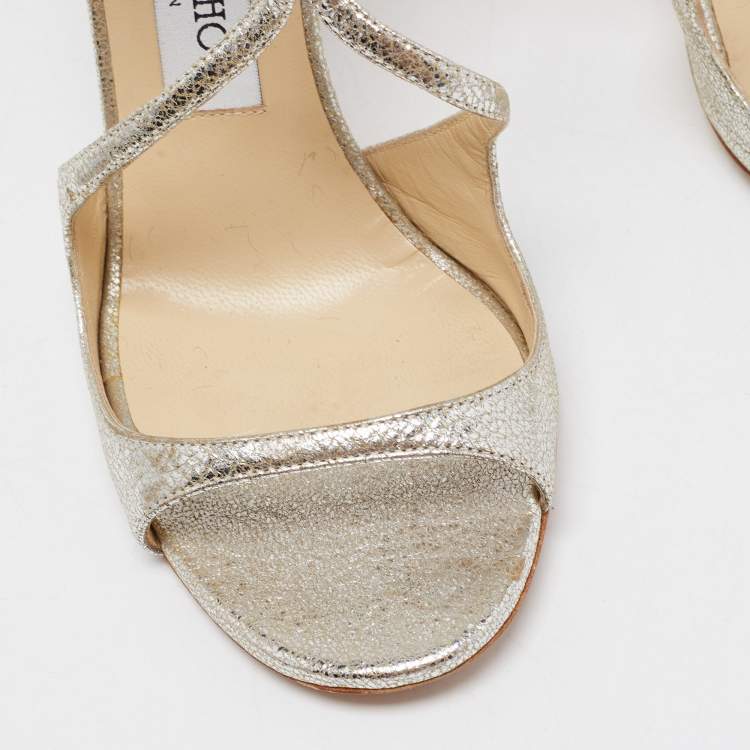 Pre Owned Jimmy Choo Silver Foil Leather Lang Strappy Sandals Size 37.5