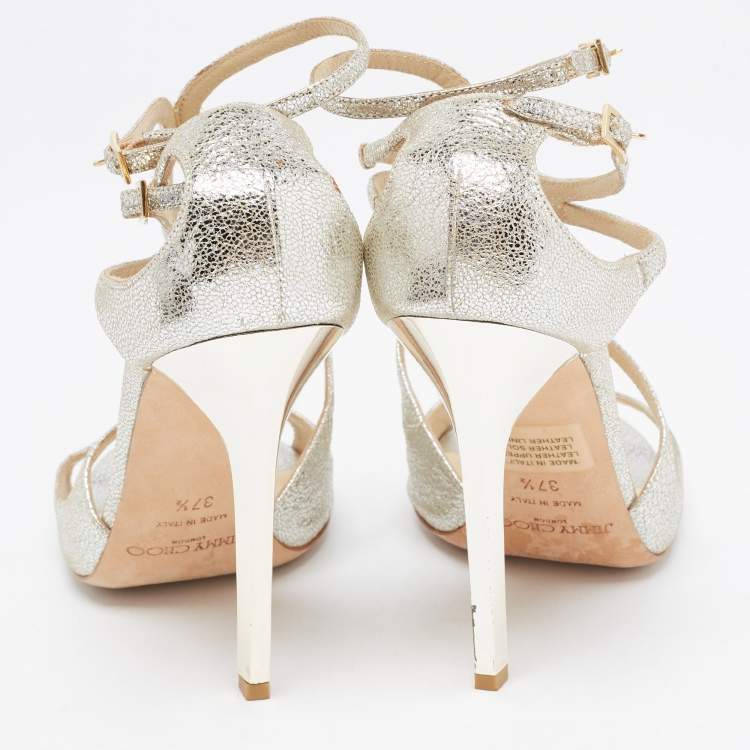 Pre Owned Jimmy Choo Silver Foil Leather Lang Strappy Sandals Size 37.5