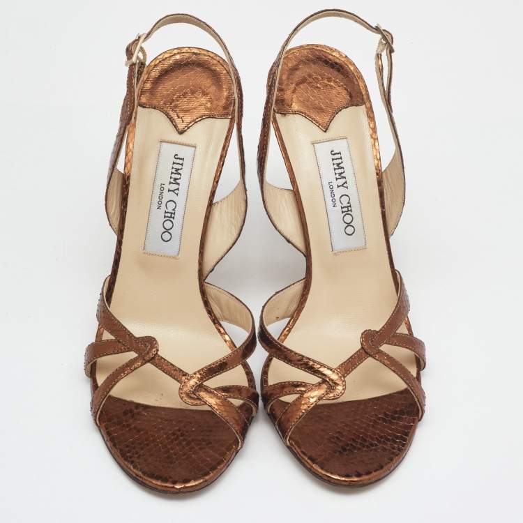 Pre Owned Jimmy Choo Metallic Embossed Snakeskin Slingback Sandals Size 39