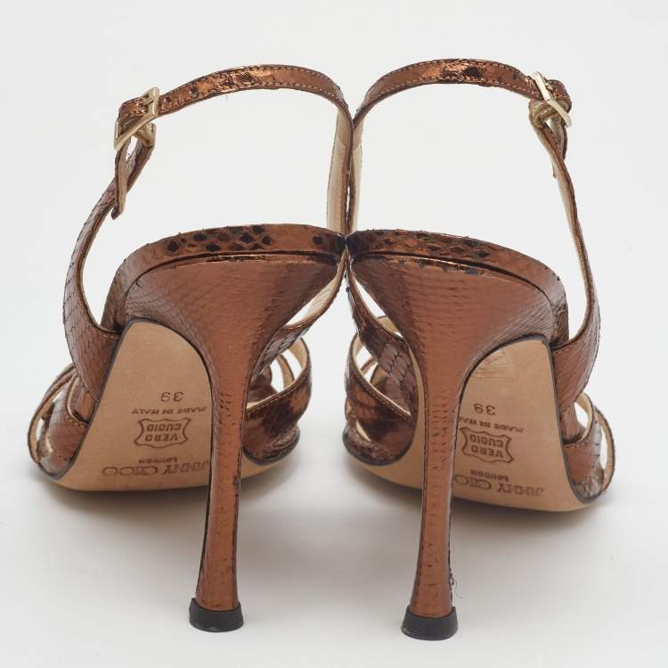 Pre Owned Jimmy Choo Metallic Embossed Snakeskin Slingback Sandals Size 39