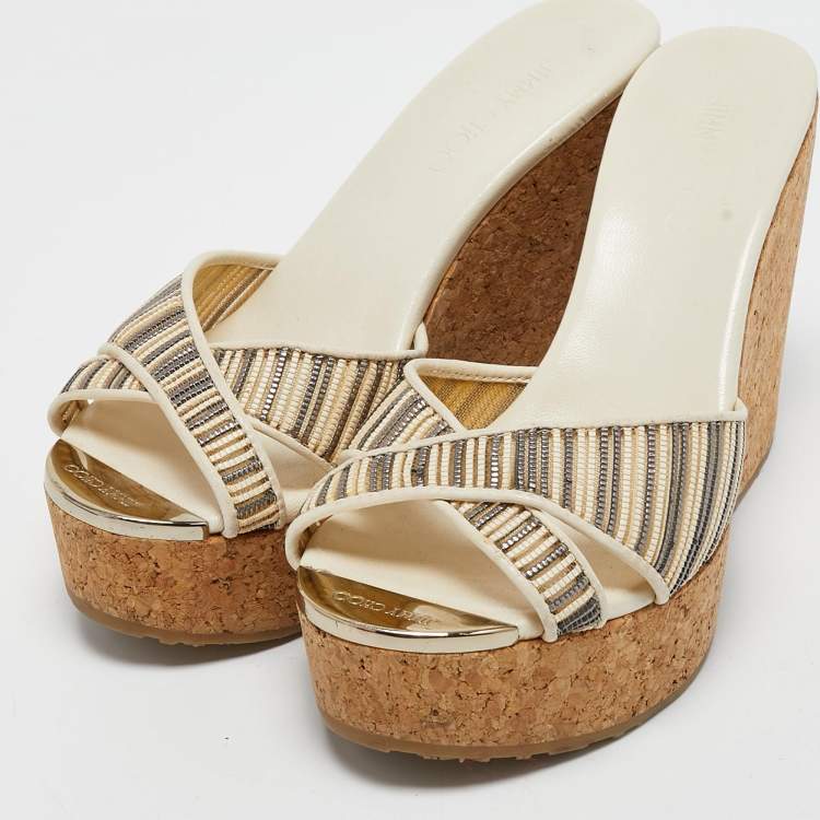 Jimmy Choo Cream/Grey Leather and Mesh Pandora Wedge Sandals Size