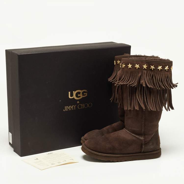 Pre Owned Jimmy Choo x Uggs Brown Studded Suede Fringe Snow Boots Size 38