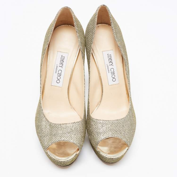 Pre Owned Jimmy Choo Gold Glitter Peep Toe Pumps Size 38
