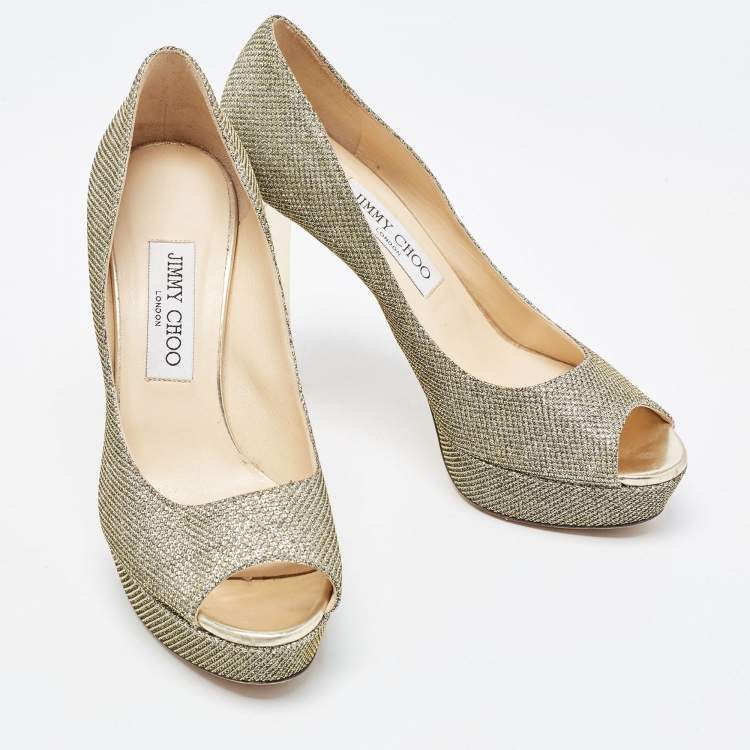 Pre Owned Jimmy Choo Gold Glitter Peep Toe Pumps Size 38