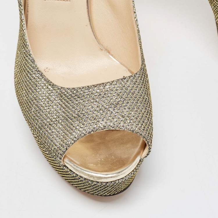 Pre Owned Jimmy Choo Gold Glitter Peep Toe Pumps Size 38