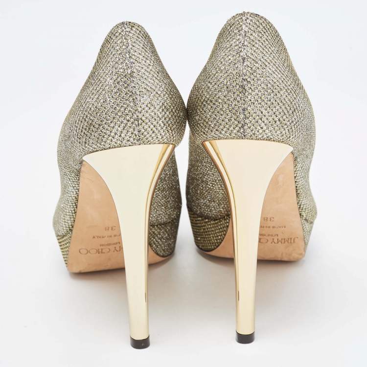 Pre Owned Jimmy Choo Gold Glitter Peep Toe Pumps Size 38