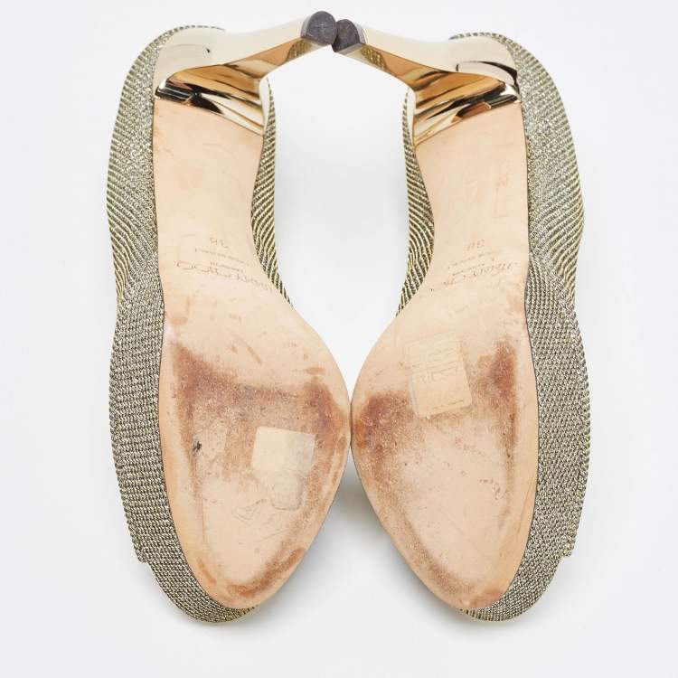 Pre Owned Jimmy Choo Gold Glitter Peep Toe Pumps Size 38