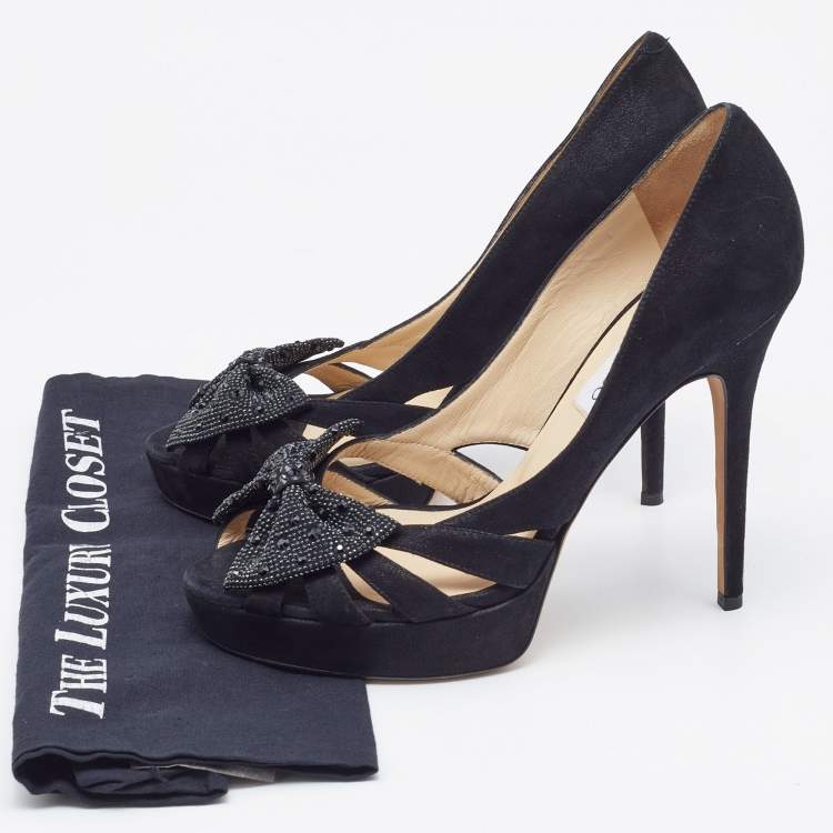Pre Owned  Jimmy Choo Black Suede Taja Crystal Embellished Bow Peep Toe Pumps Size 40