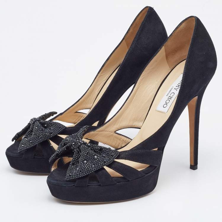 Pre Owned  Jimmy Choo Black Suede Taja Crystal Embellished Bow Peep Toe Pumps Size 40