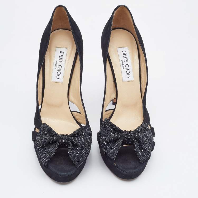 Pre Owned  Jimmy Choo Black Suede Taja Crystal Embellished Bow Peep Toe Pumps Size 40