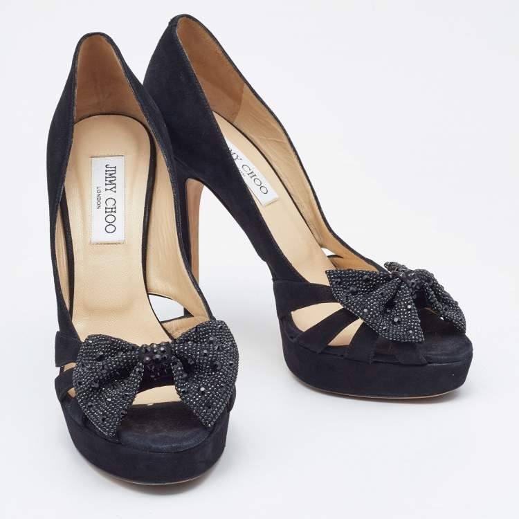Pre Owned  Jimmy Choo Black Suede Taja Crystal Embellished Bow Peep Toe Pumps Size 40