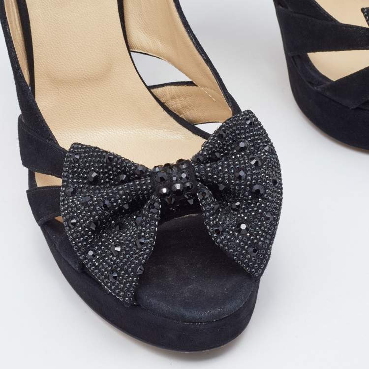 Pre Owned  Jimmy Choo Black Suede Taja Crystal Embellished Bow Peep Toe Pumps Size 40