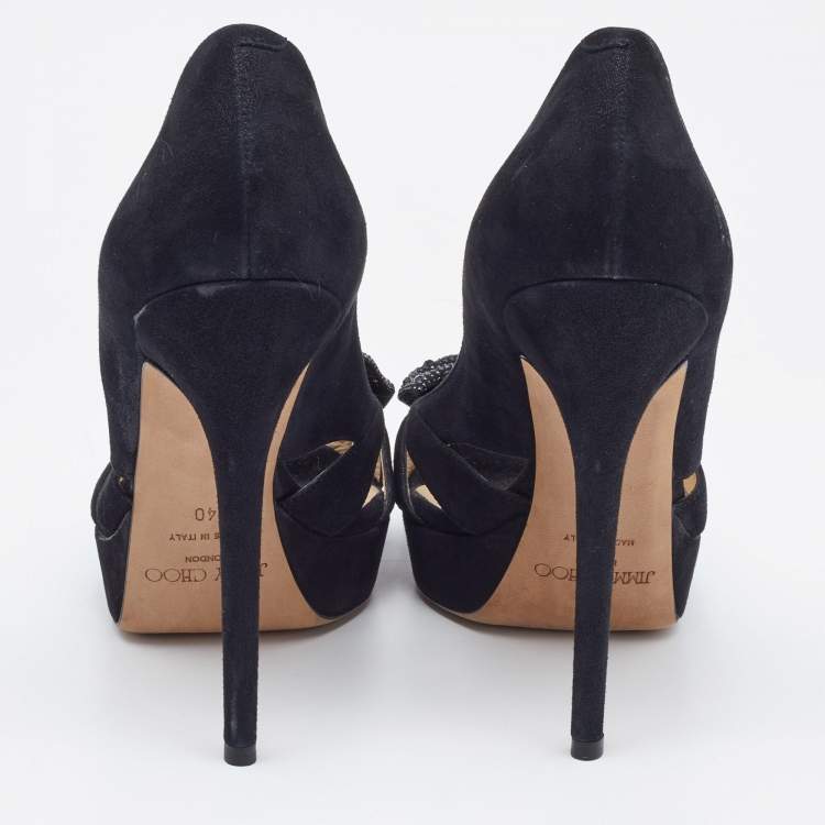Pre Owned  Jimmy Choo Black Suede Taja Crystal Embellished Bow Peep Toe Pumps Size 40
