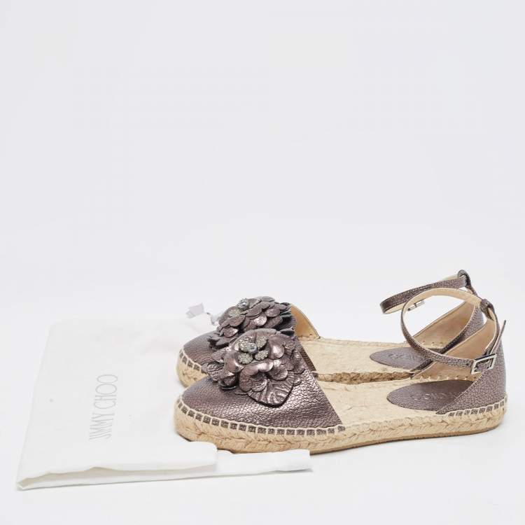 مملوكة مسبقًا Jimmy Choo Metallic Bronze Leather Ankle Strap Espadrilles Size 38.5