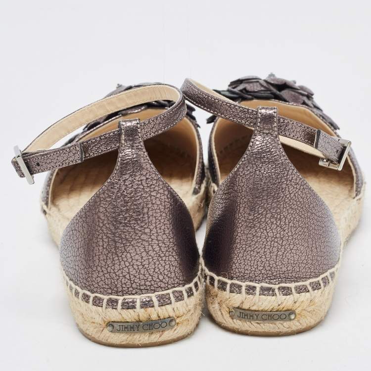 مملوكة مسبقًا Jimmy Choo Metallic Bronze Leather Ankle Strap Espadrilles Size 38.5