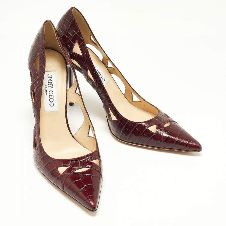 Pre Owned Jimmy Choo Burgundy Croc Embossed Leather Love Pumps Size 37