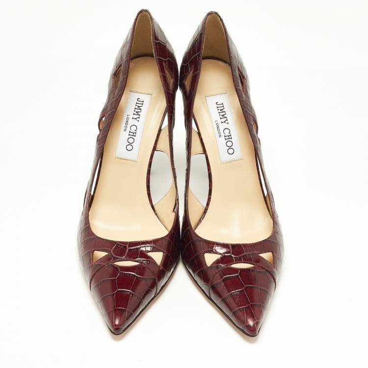 Pre Owned Jimmy Choo Burgundy Croc Embossed Leather Love Pumps Size 37