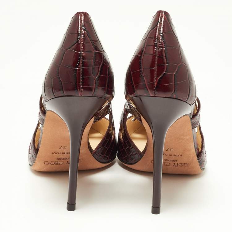 Pre Owned Jimmy Choo Burgundy Croc Embossed Leather Love Pumps Size 37