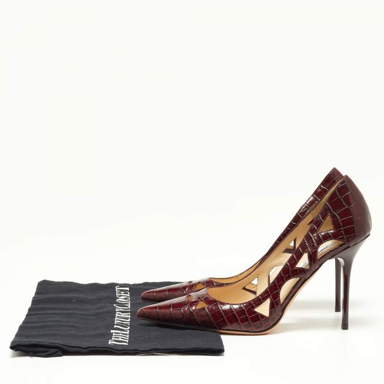 Pre Owned Jimmy Choo Burgundy Croc Embossed Leather Love Pumps Size 37
