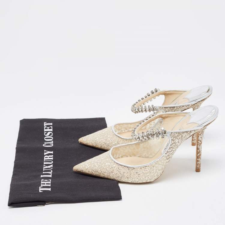 Pre Owned Jimmy Choo Metallic Glitter Mesh and Leather Bing Crystal Embellished Mules Size 39