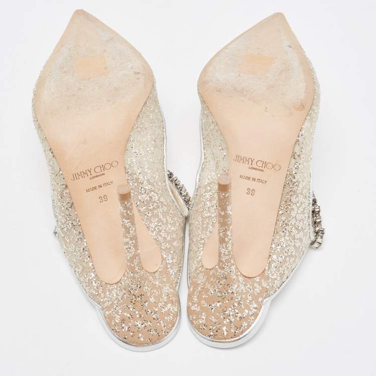 Pre Owned Jimmy Choo Metallic Glitter Mesh and Leather Bing Crystal Embellished Mules Size 39