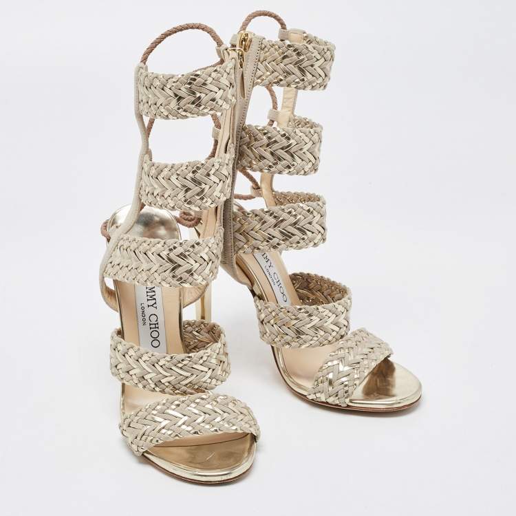 Pre Owned Jimmy Choo Grey/Gold Braided Leather and Suede  Lima Gladiator Sandals Size 36
