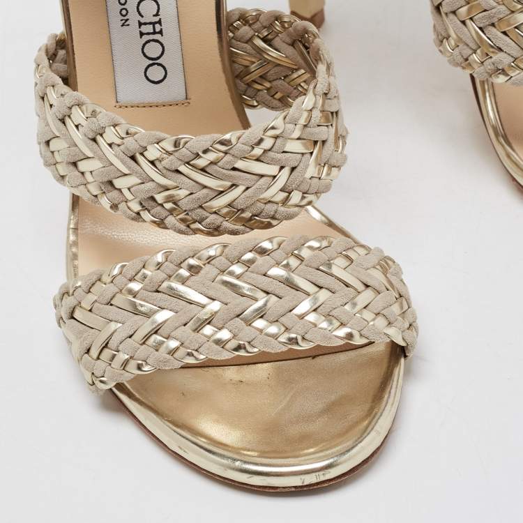 Pre Owned Jimmy Choo Grey/Gold Braided Leather and Suede  Lima Gladiator Sandals Size 36