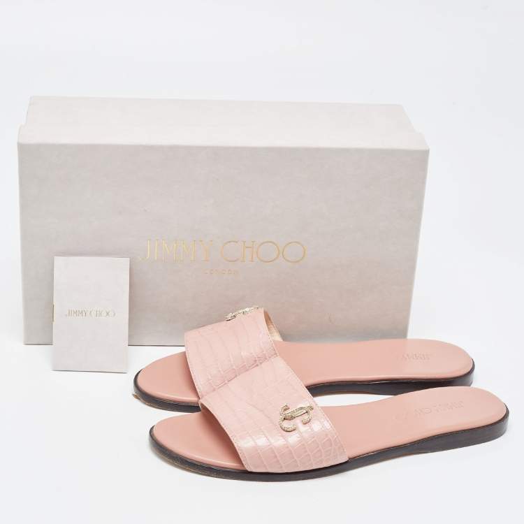 Pre Owned Jimmy Choo Pink Croc Embossed Leather Minea Flat Slides Size 38.5
