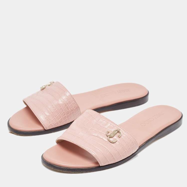 Pre Owned Jimmy Choo Pink Croc Embossed Leather Minea Flat Slides Size 38.5