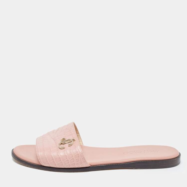 Pre Owned Jimmy Choo Pink Croc Embossed Leather Minea Flat Slides Size 38.5
