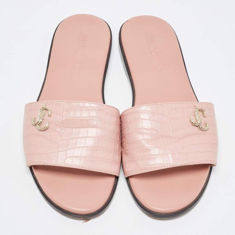Pre Owned Jimmy Choo Pink Croc Embossed Leather Minea Flat Slides Size 38.5
