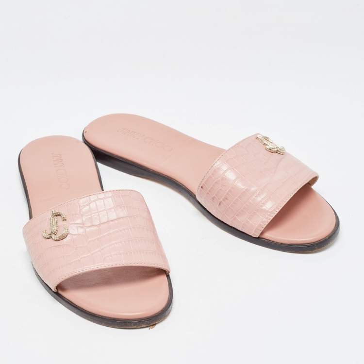 Pre Owned Jimmy Choo Pink Croc Embossed Leather Minea Flat Slides Size 38.5