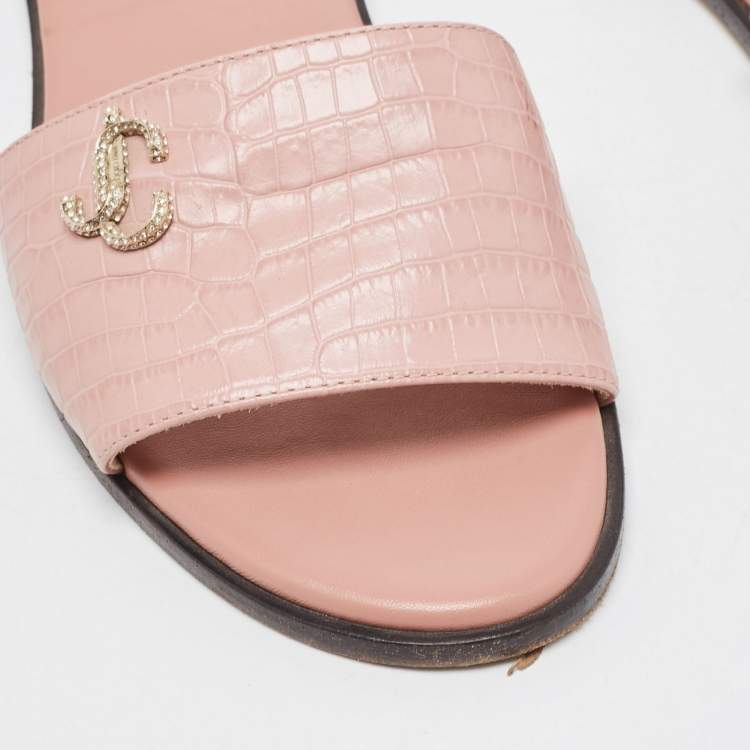 Pre Owned Jimmy Choo Pink Croc Embossed Leather Minea Flat Slides Size 38.5