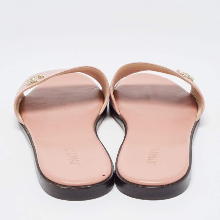 Pre Owned Jimmy Choo Pink Croc Embossed Leather Minea Flat Slides Size 38.5